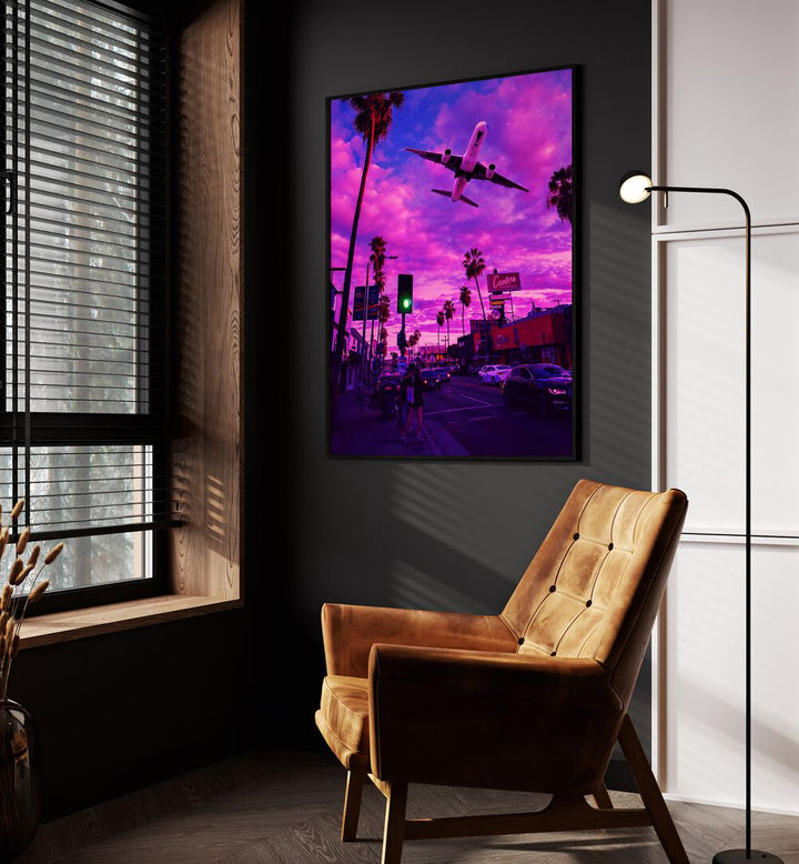Vibrant DREAMVERSE, SURREAL ART PRINTS by Ritvik Takkar, showcasing a whimsical scene with an airplane and dramatic colors.