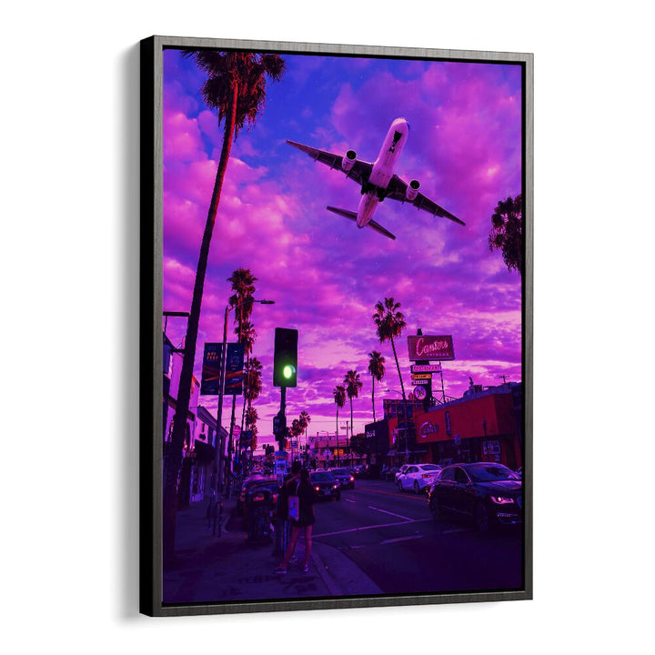 Vibrant DREAMVERSE, SURREAL ART PRINTS showcase an airplane soaring over a colorful urban landscape.