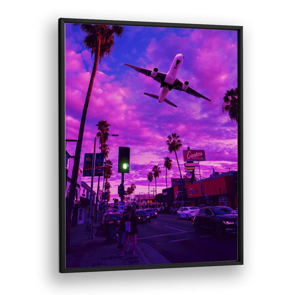 DREAMVERSE, SURREAL ART PRINTS showcase a vibrant, dreamlike scene of an airplane over a colorful urban landscape.