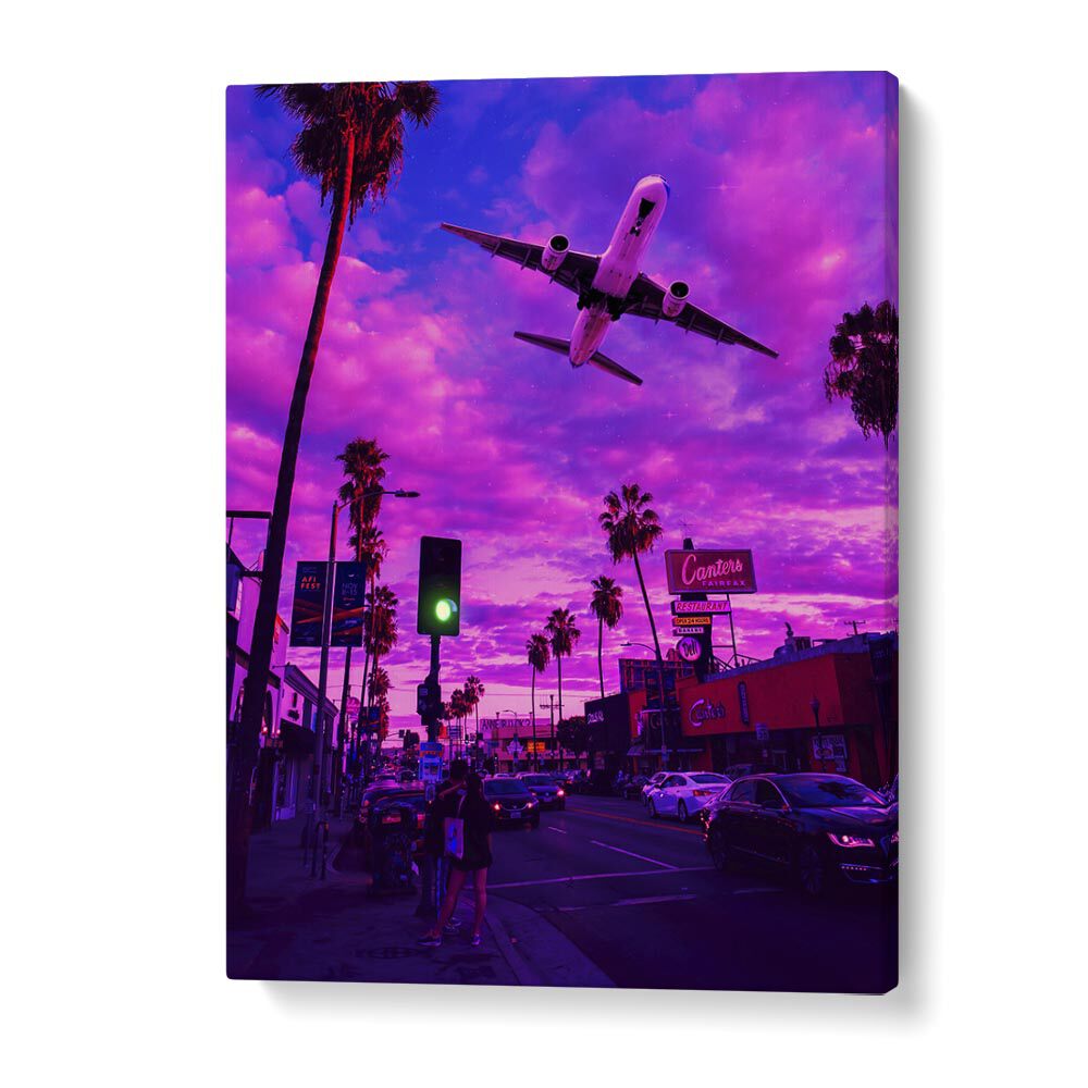 DREAMVERSE, SURREAL ART PRINTS showcase a captivating airplane scene against a vibrant sunset. Perfect for art lovers!