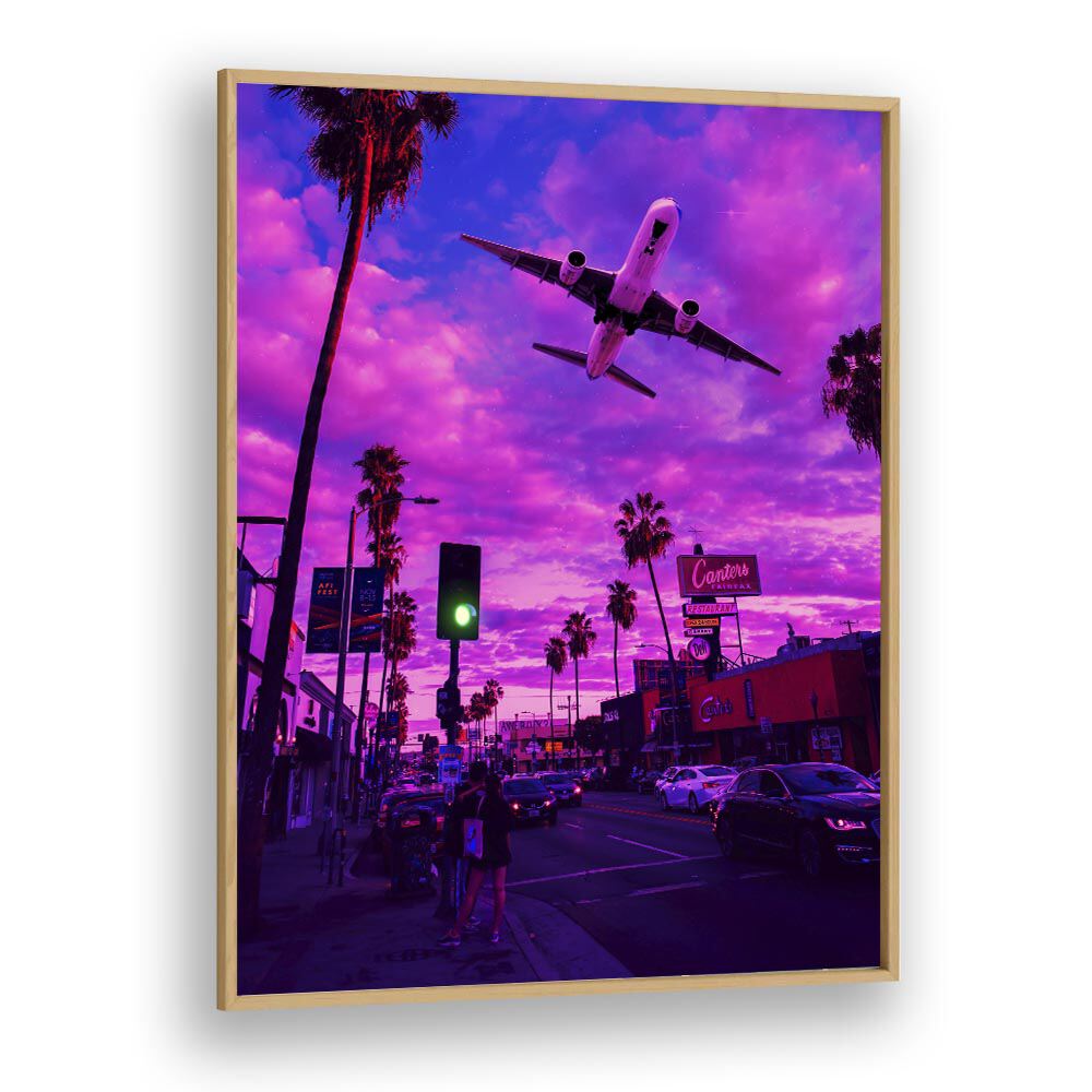 DREAMVERSE, SURREAL ART PRINTS showcase a vibrant, surreal urban scene framed elegantly for your home decor.
