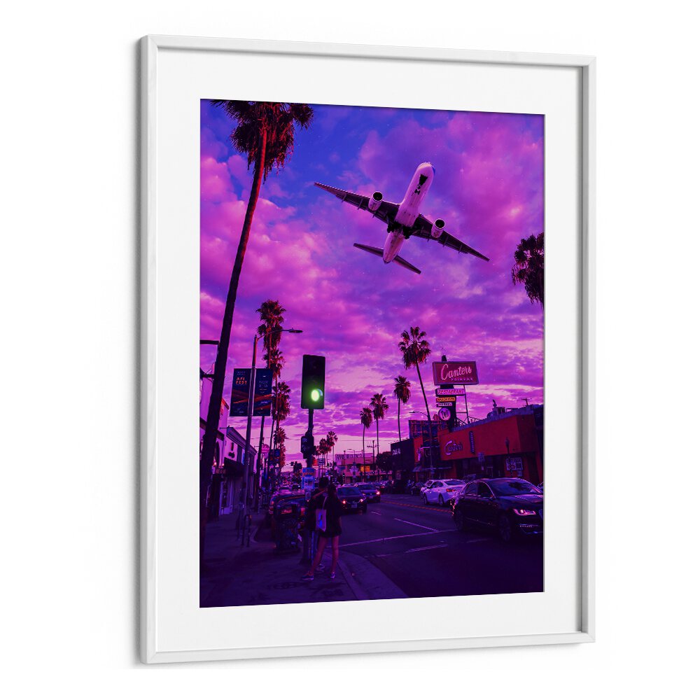 DREAMVERSE, SURREAL ART PRINTS showcase a vibrant, surreal scene featuring an airplane and palm trees.