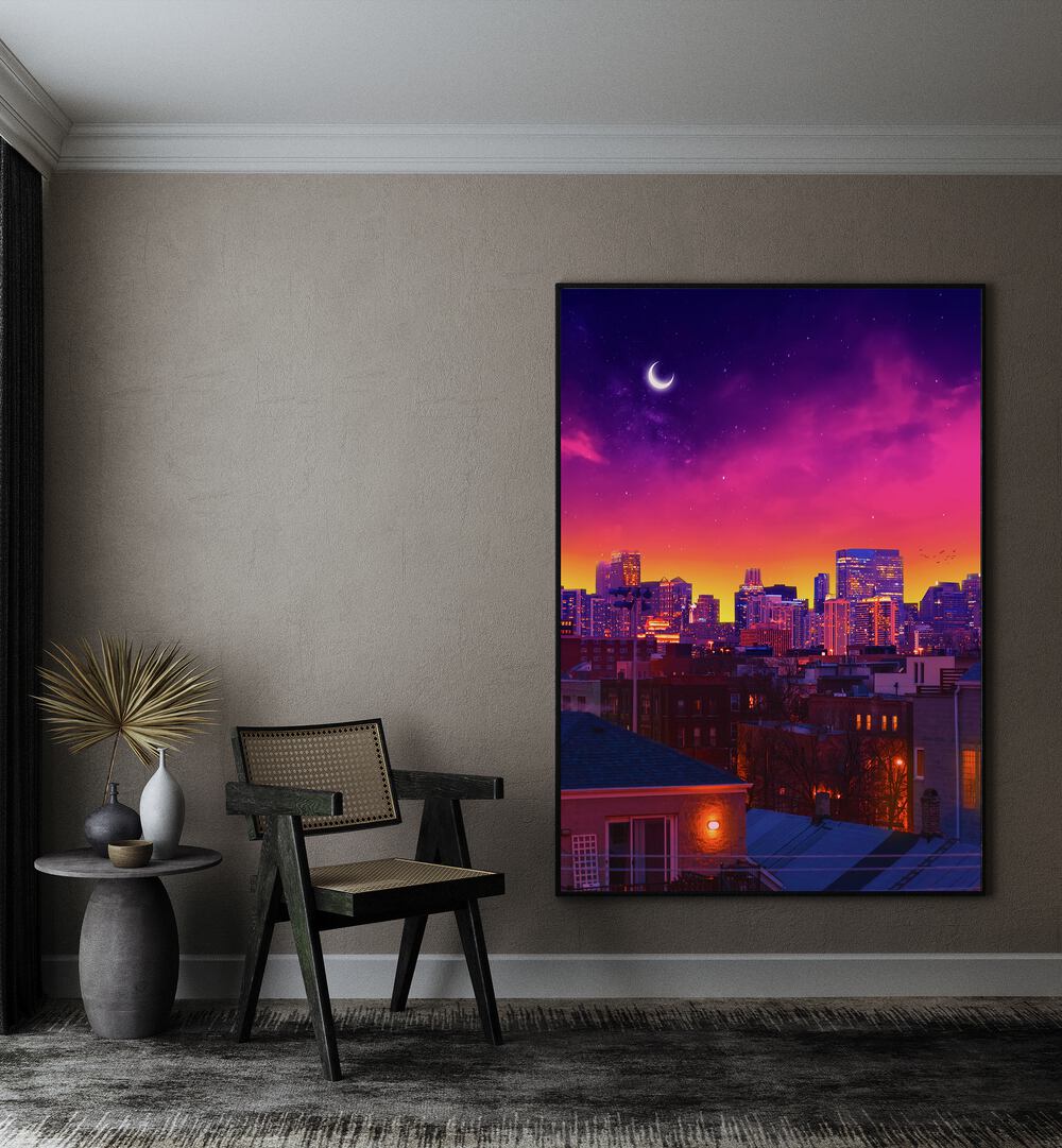 Enchanting DUSK IN CHICAGO, SURREAL ART PRINTS by Ritvik Takkar, blending surrealism with urban charm in vibrant hues.