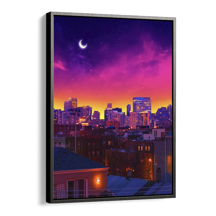 Stunning DUSK IN CHICAGO, SURREAL ART PRINTS by Ritvik Takkar, showcasing a vibrant urban skyline at twilight.