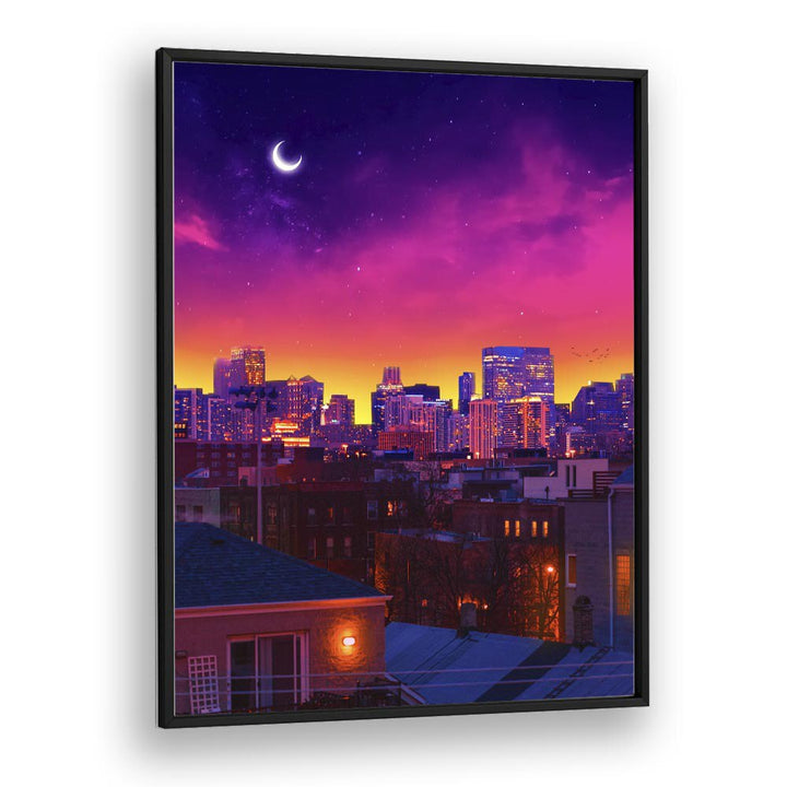 Vibrant skyline at dusk in Chicago, showcasing "DUSK IN CHICAGO, SURREAL ART PRINTS" by Ritvik Takkar.