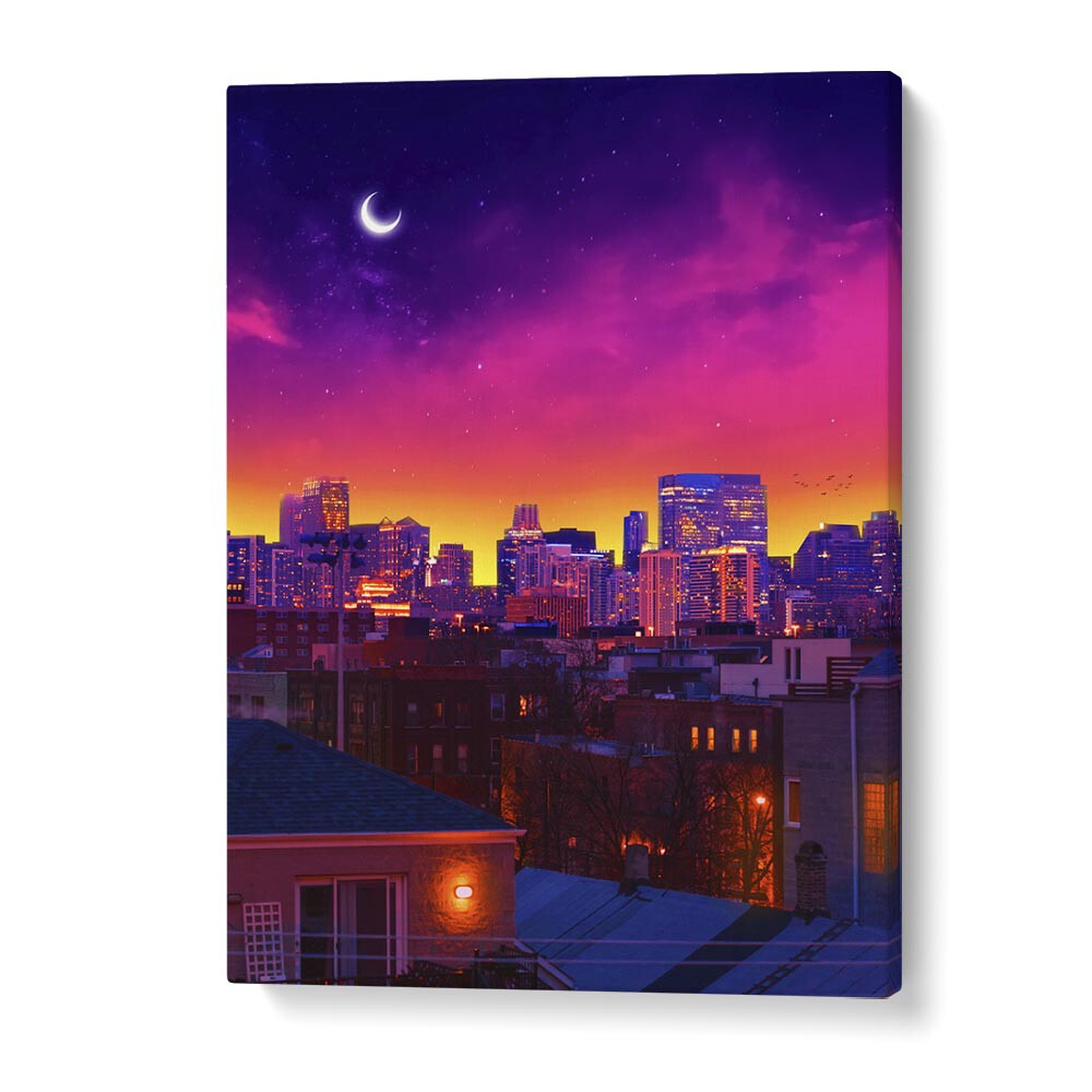 Experience the enchanting DUSK IN CHICAGO, SURREAL ART PRINTS by Ritvik Takkar, blending urban charm and surrealism.