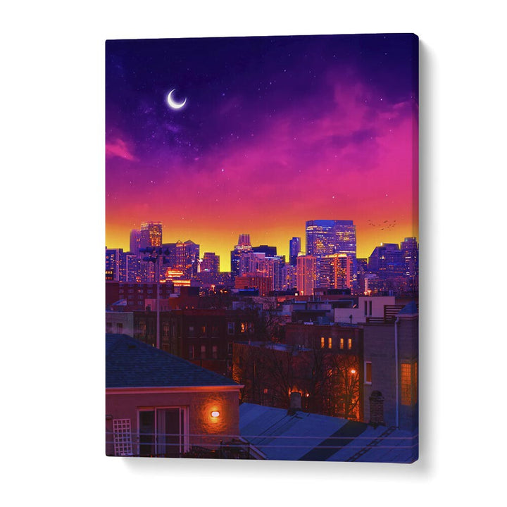 Experience the enchanting DUSK IN CHICAGO, SURREAL ART PRINTS by Ritvik Takkar, blending urban charm and surrealism.