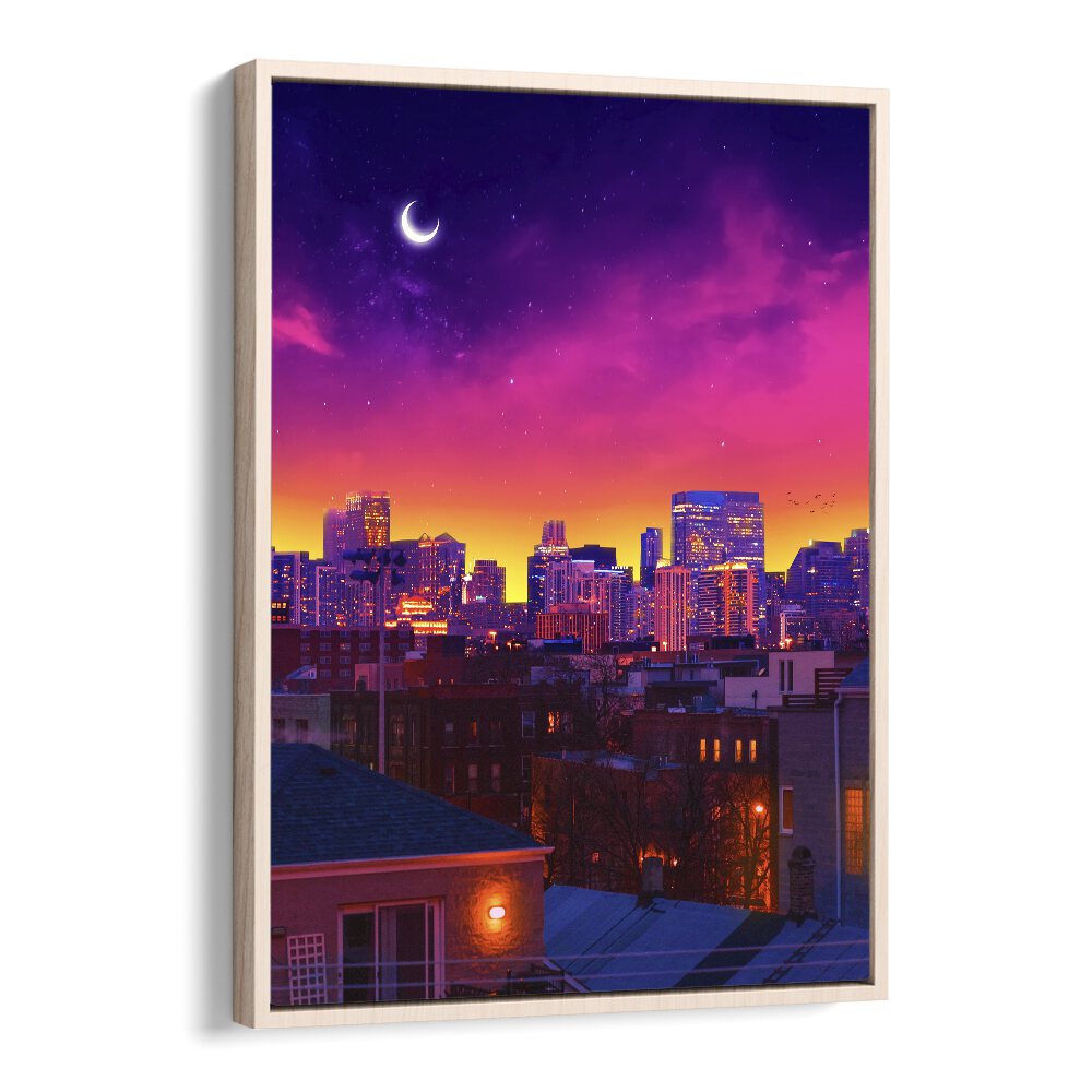 Surreal art print "DUSK IN CHICAGO" by Ritvik Takkar captures urban beauty in vibrant sunset hues.