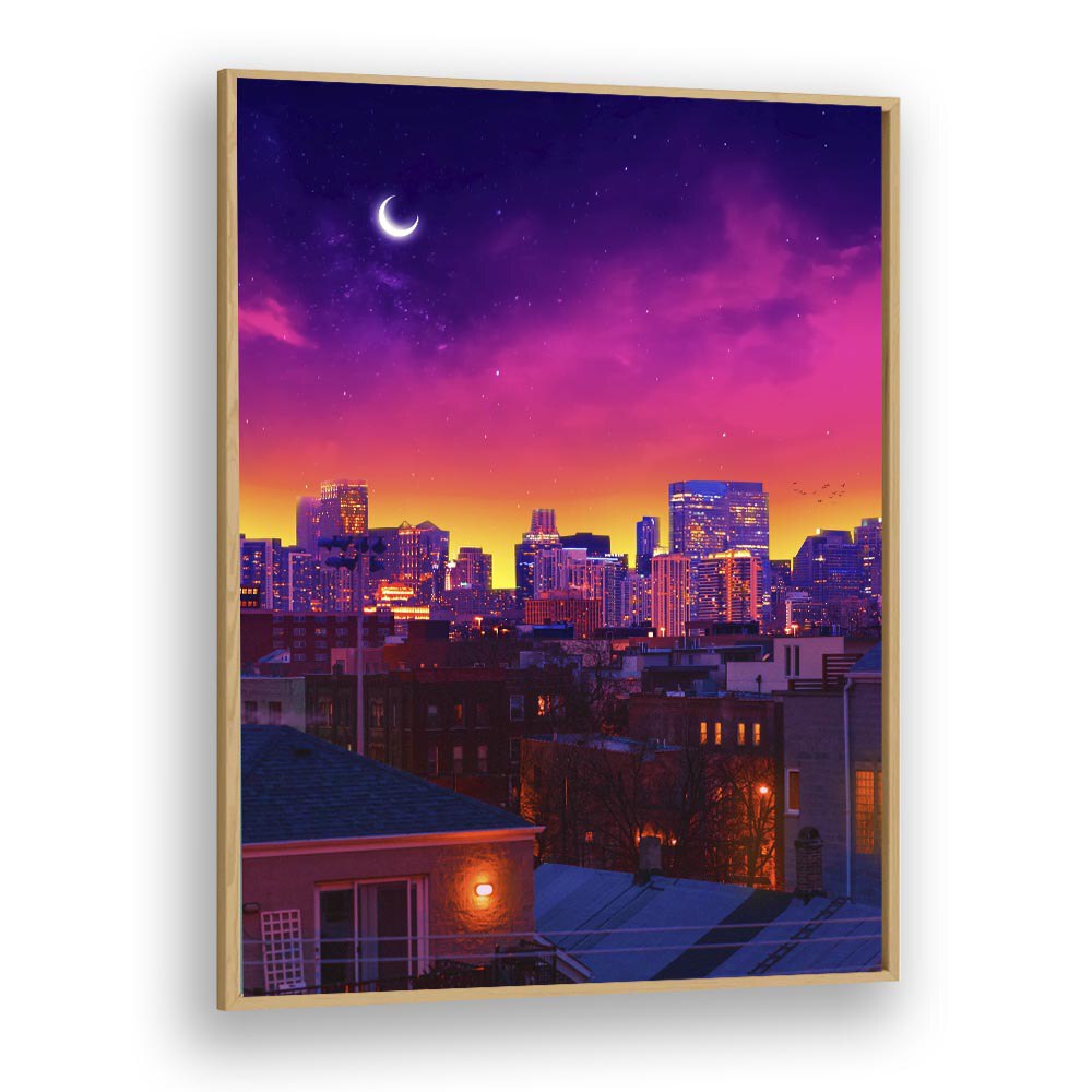 DUSK IN CHICAGO, SURREAL ART PRINTS by Ritvik Takkar captures a dreamy urban skyline at twilight.