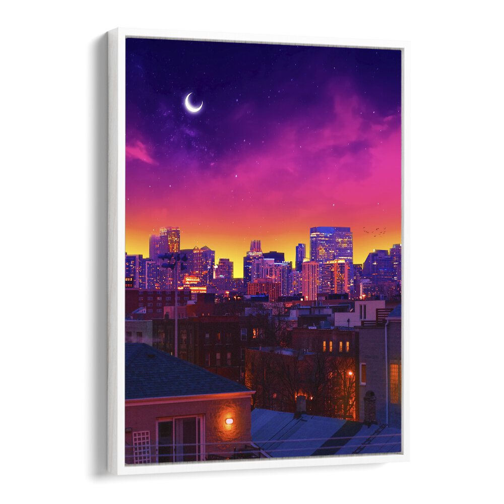 DUSK IN CHICAGO, SURREAL ART PRINTS by Ritvik Takkar captures the city's magic at twilight in vibrant surrealism.