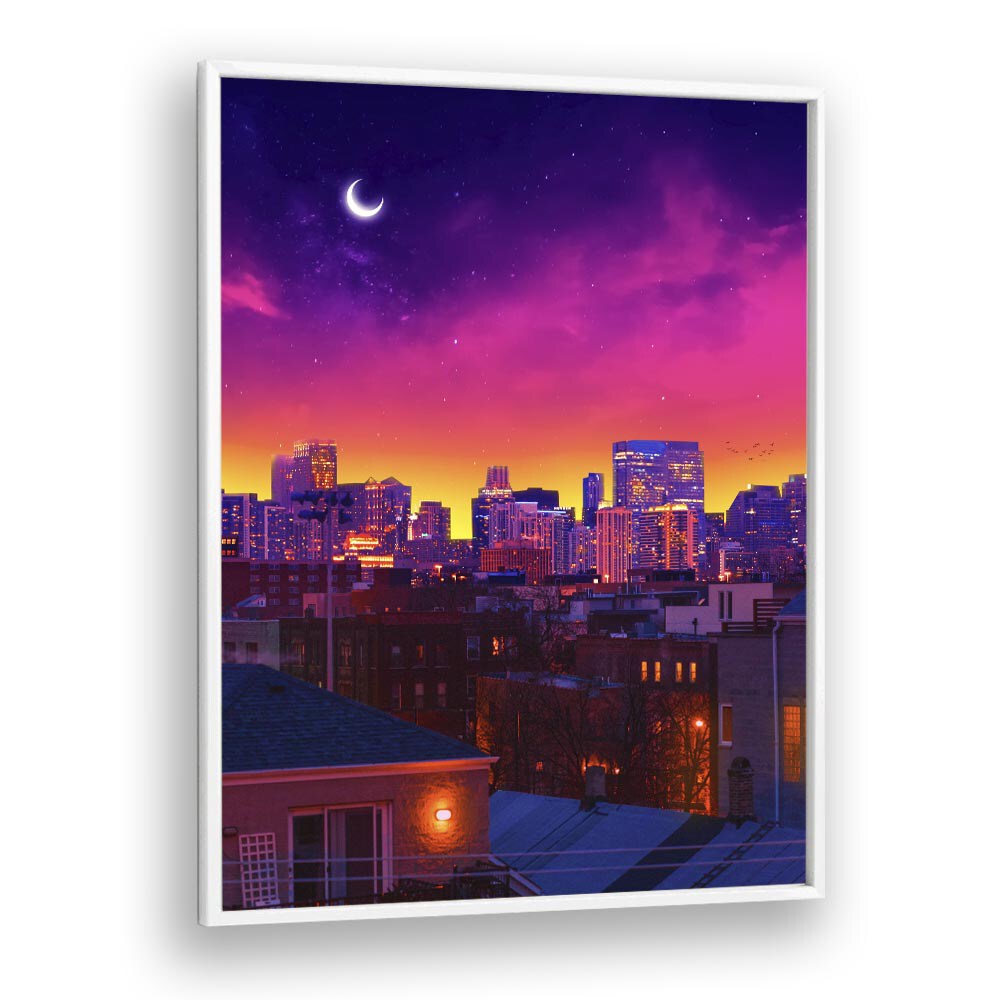 Colorful skyline at dusk featuring surreal art prints, capturing the essence of DUSK IN CHICAGO by Ritvik Takkar.