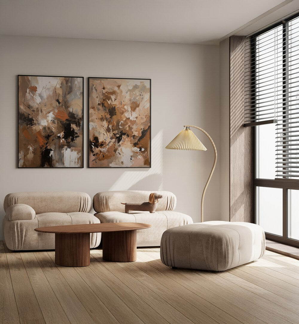 Stylish living room featuring the EARTHEN WHISPERS SET, SET OF 2 PAINTINGS, enhancing warmth and tranquility.