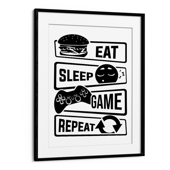 EAT SLEEP GAME REPEAT III gaming poster in a stylish black frame, perfect for any gaming enthusiast's space.
