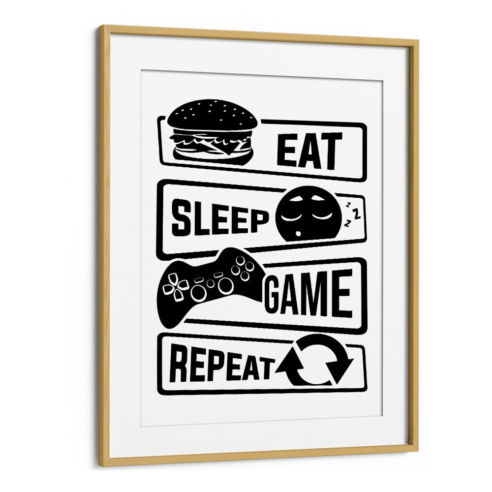Stylish EAT SLEEP GAME REPEAT III gaming poster in oak frame, perfect for gamers’ spaces and décor.