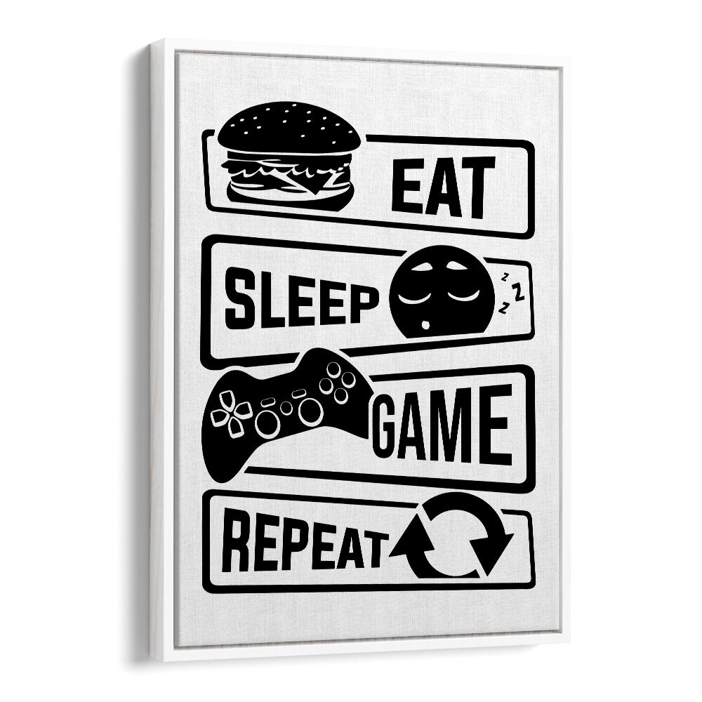 EAT SLEEP GAME REPEAT III, GAMING POSTERS showcase your gaming passion with stylish wall art for every gamer.