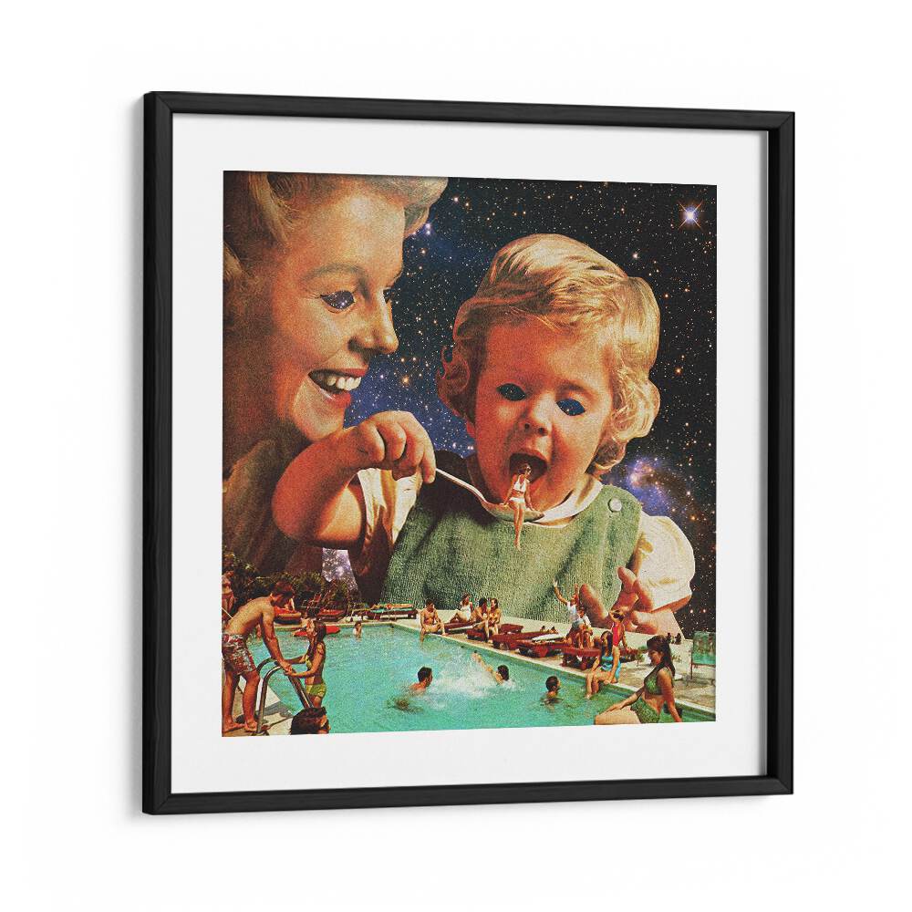 Surreal scene featuring a joyful child and vibrant pool life, perfect for EAT UP, SURREAL ART PRINTS by Vertigo Artography.