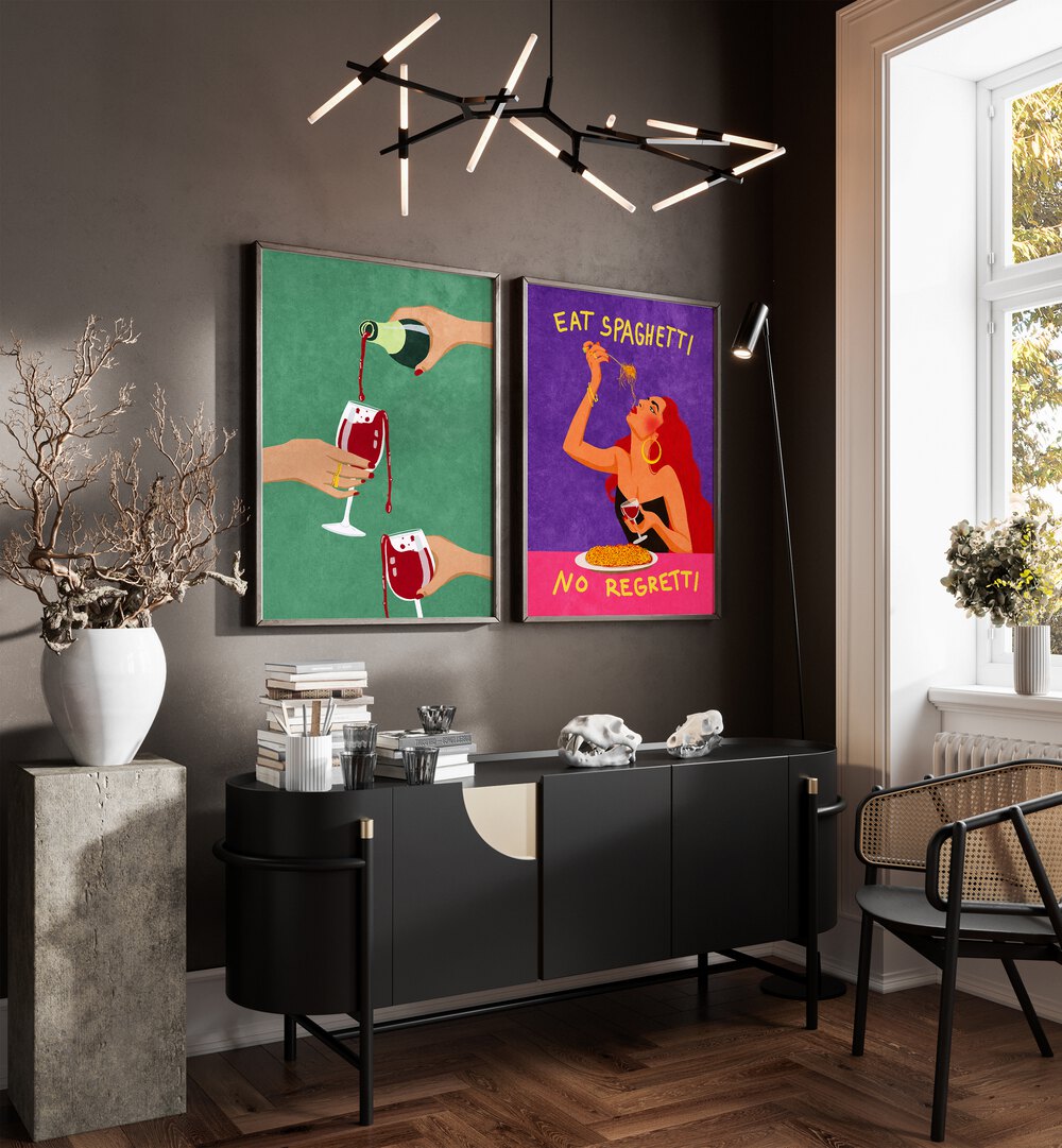 Brighten your dining area with the EAT SPAGHETTI SET , SET OF 2 PAINTINGS featuring fun, vibrant artwork.
