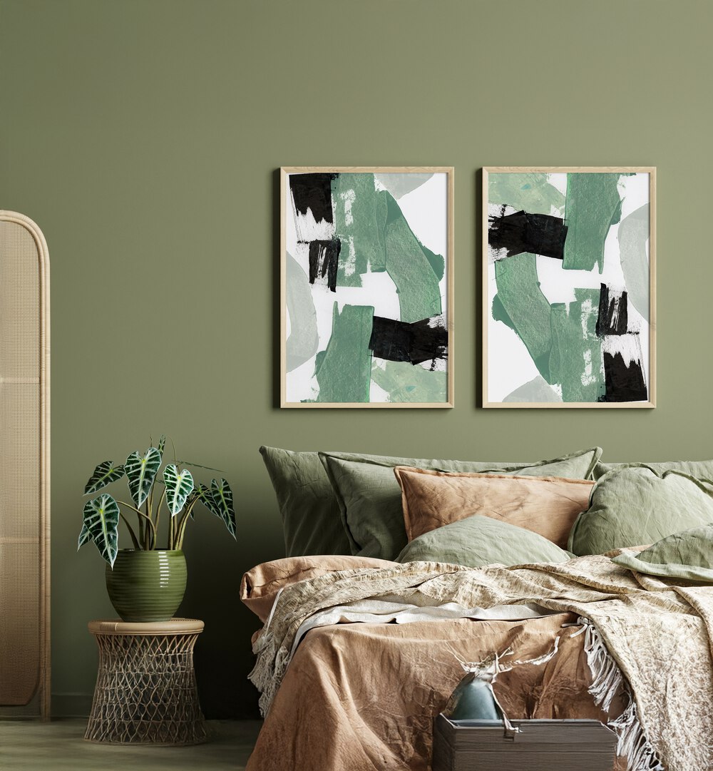 ECHOES OF JADE SET, SET OF 2 PAINTINGS enhances your space with elegance and tranquility for a serene atmosphere.