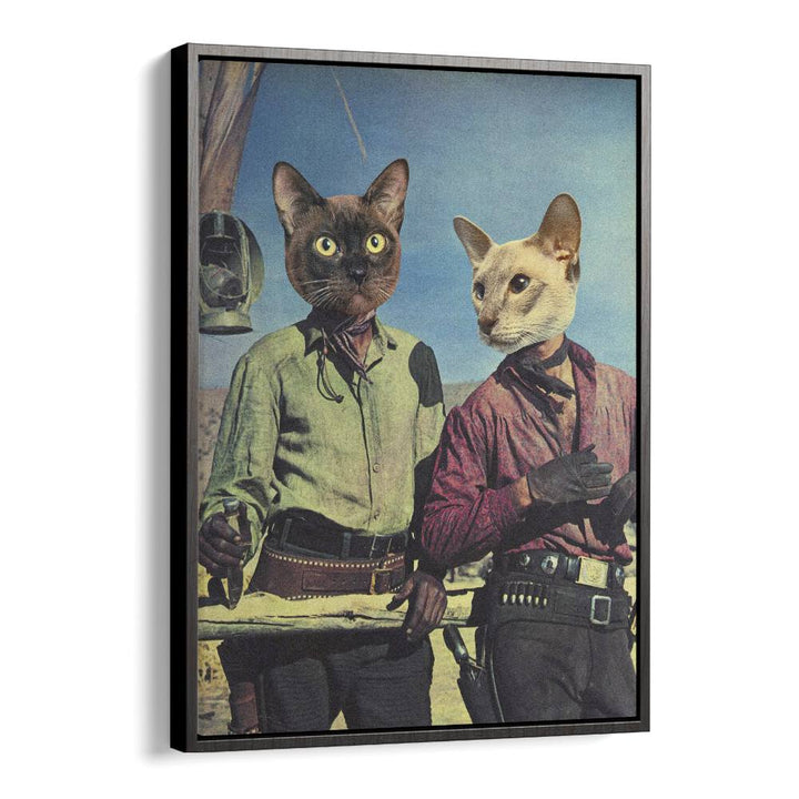 Double Trouble, Surreal Art Prints featuring whimsical cat characters in a vintage Western setting by Vertigo Artography.