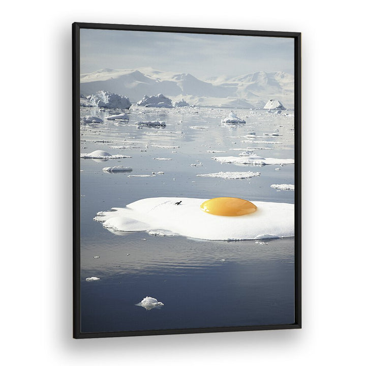 Surreal art print "EGG-BERG" features a sunny-side-up egg on ice, perfect for unique decor.