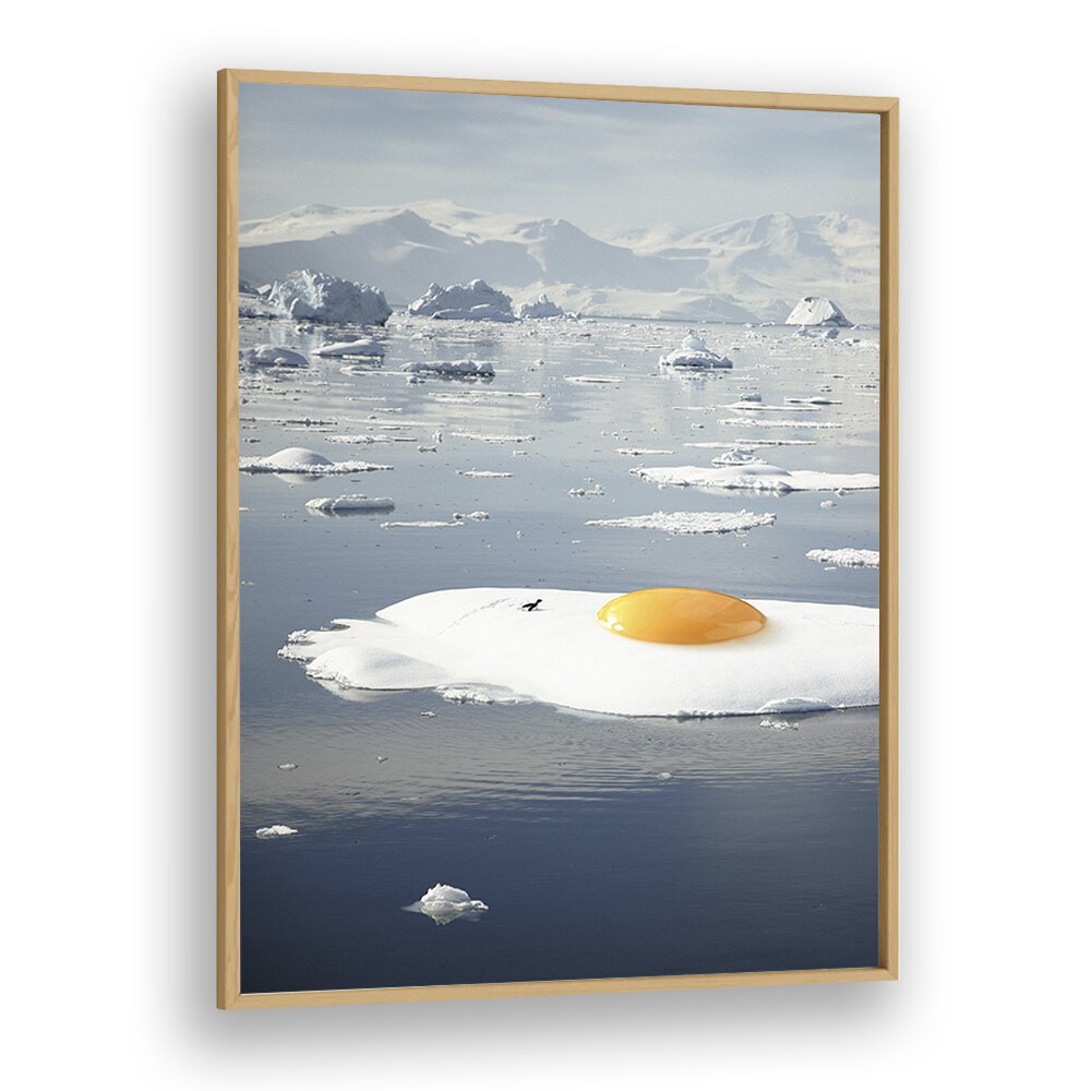 Bright sunny-side-up egg on ice, capturing the essence of EGG-BERG, SURREAL ART PRINTS by Vertigo Artography.