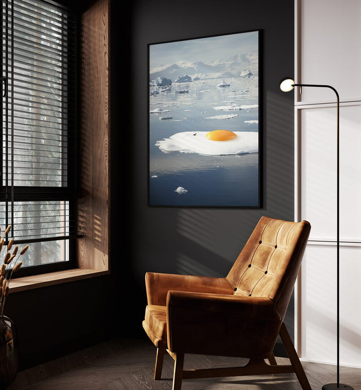 Bright yellow egg on icebergs in Arctic setting, showcasing EGG-BERG, SURREAL ART PRINTS by Vertigo Artography.