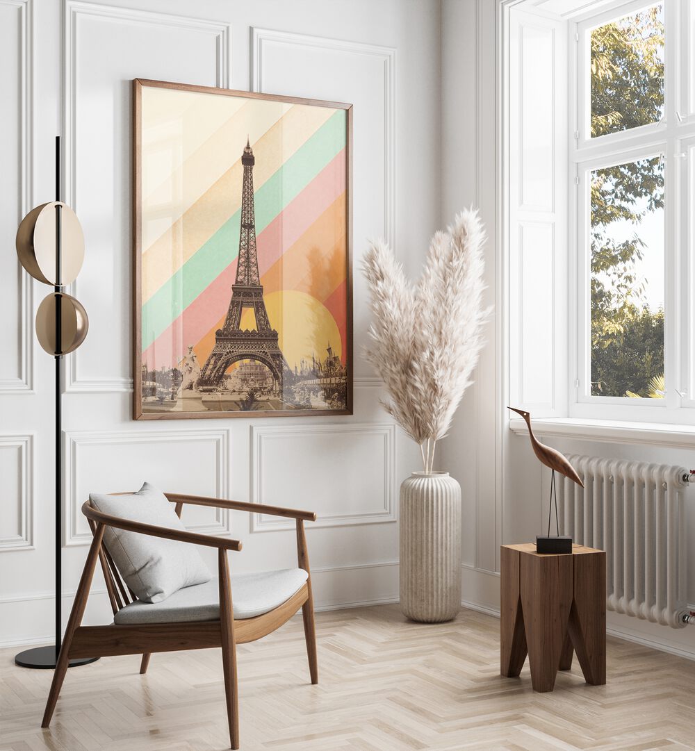 Colorful EIFFEL TOWER RAINBOW travel poster by Florent Bodart, capturing Paris's magic in vibrant hues.
