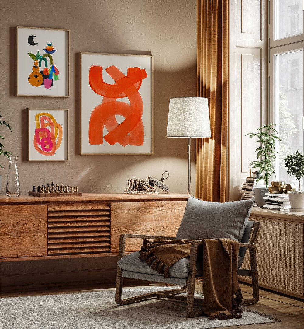 Vibrant Tangerine Twist Gallery Wall adds energy with bold abstracts, perfect for modern gallery walls.