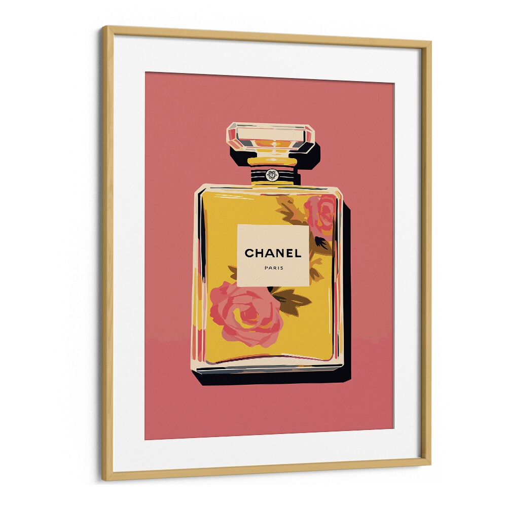 Elegance In A Bottle Fashion Art Artwork in Oak Wood Frame With Mount