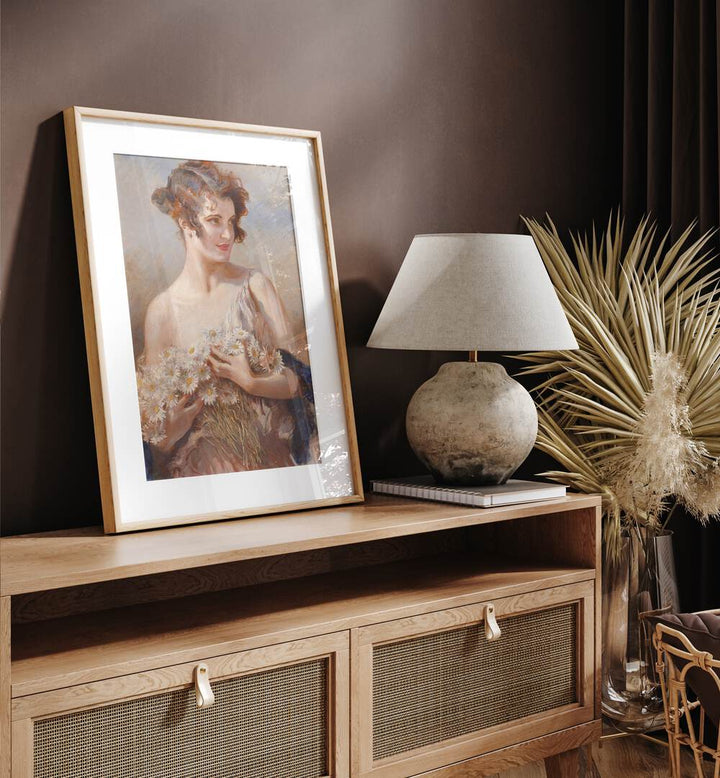 Elegant vintage painting titled "ELEGANCE IN BLOOM, VINTAGE PAINTINGS" featuring a lady with a daisy bouquet.