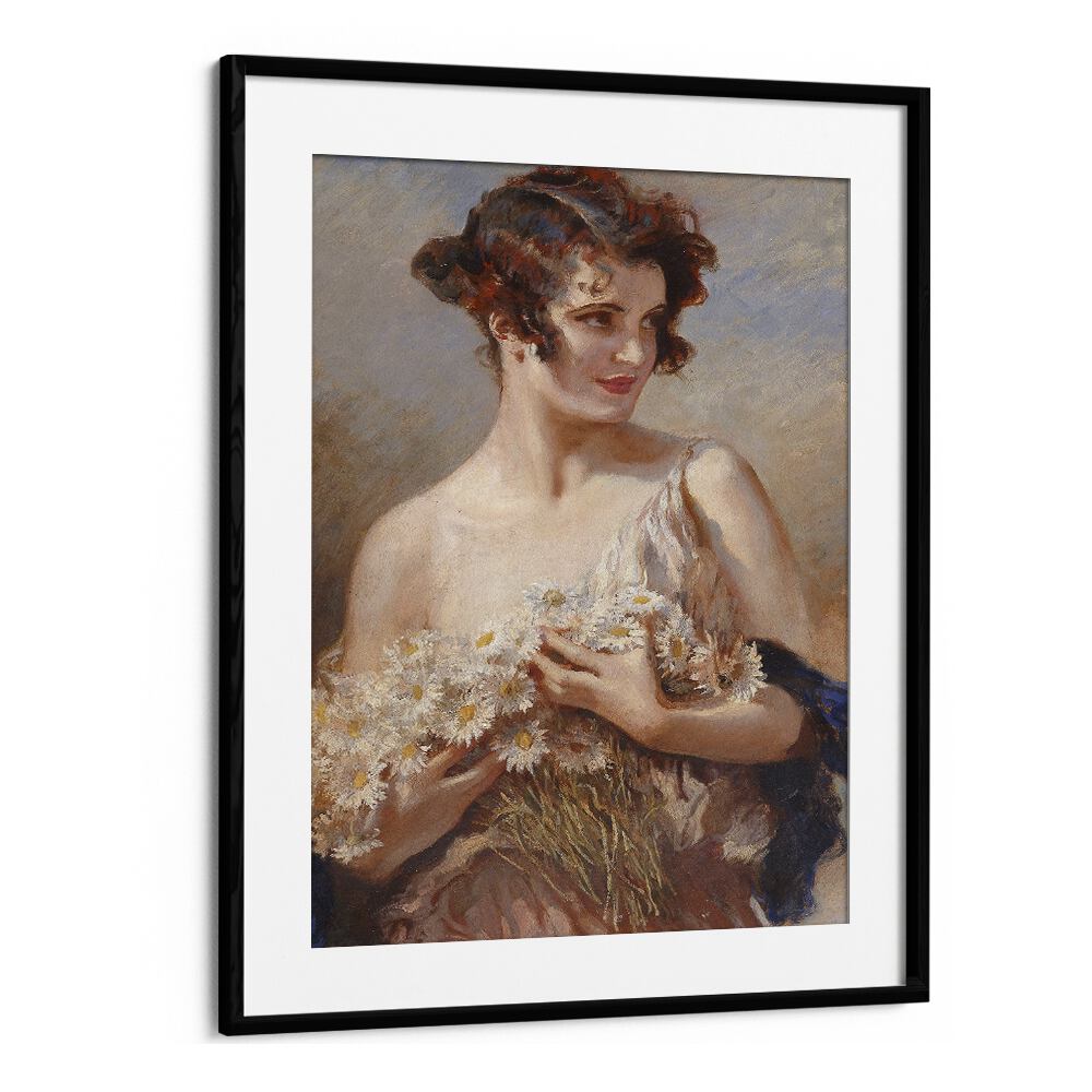 Elegant vintage painting "Dame mit Margeritenstrau" captures beauty in bloom, perfect for your collection. ELEGANCE IN BLOOM, VINTAGE PAINTINGS.