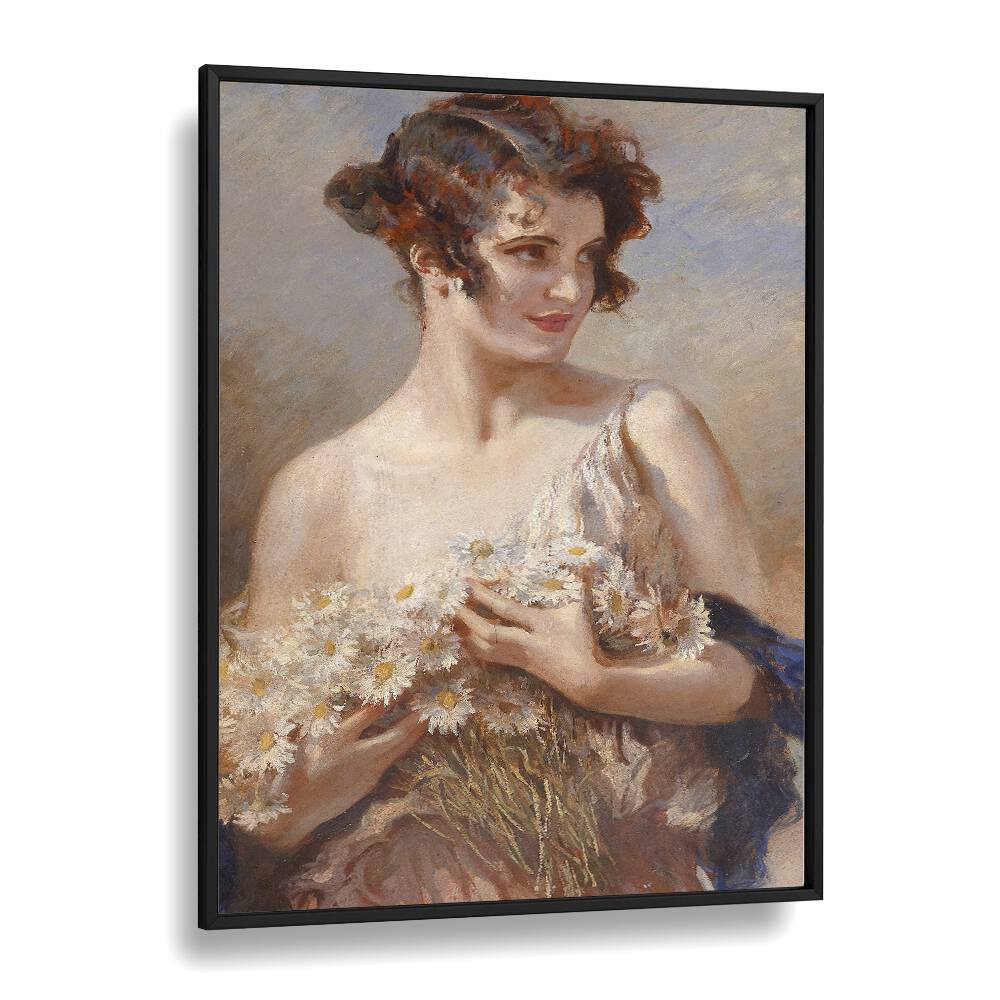 Stunning vintage painting, "ELEGANCE IN BLOOM, VINTAGE PAINTINGS," featuring a lady with a bouquet of daisies.