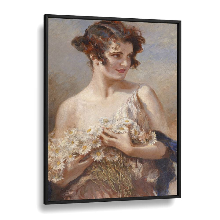 Stunning vintage painting, "ELEGANCE IN BLOOM, VINTAGE PAINTINGS," featuring a lady with a bouquet of daisies.