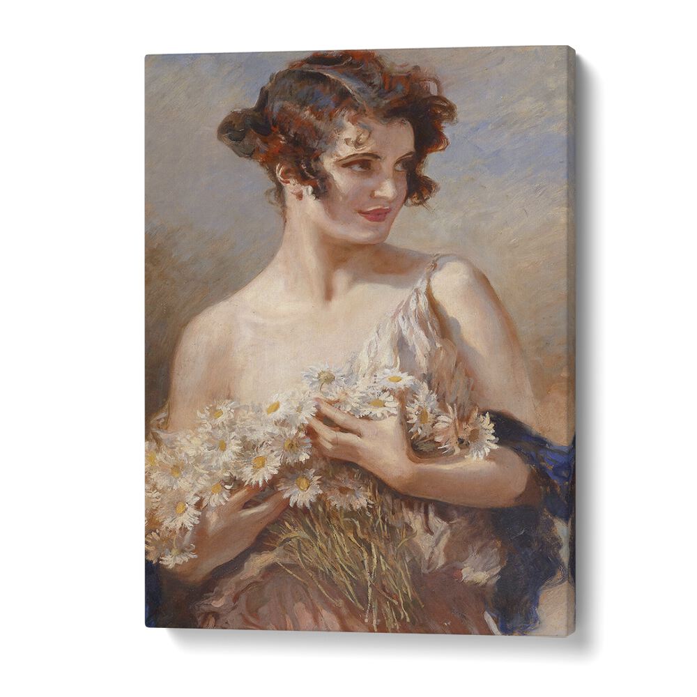 Elegant vintage painting "Dame mit Margeritenstrau" embodies ELEGANCE IN BLOOM, VINTAGE PAINTINGS charm.