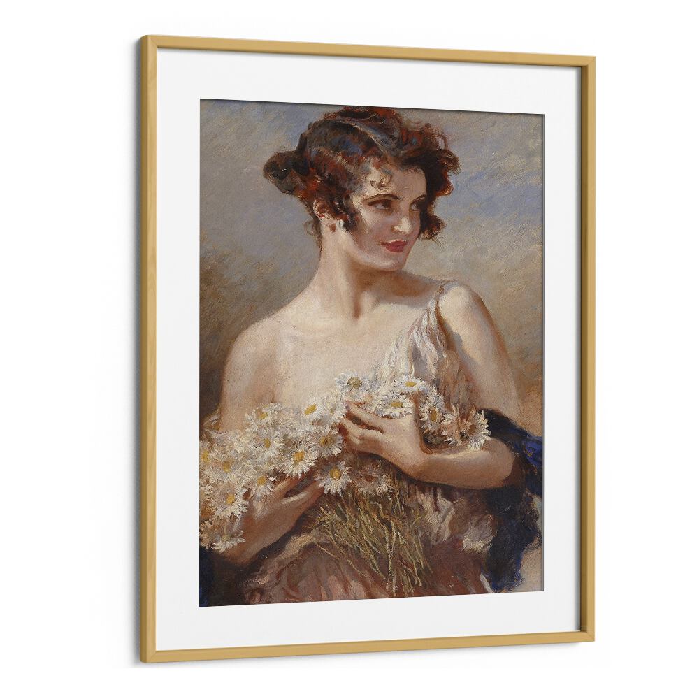 Elegant vintage painting "Dame mit Margeritenstrau," part of ELEGANCE IN BLOOM, VINTAGE PAINTINGS collection.