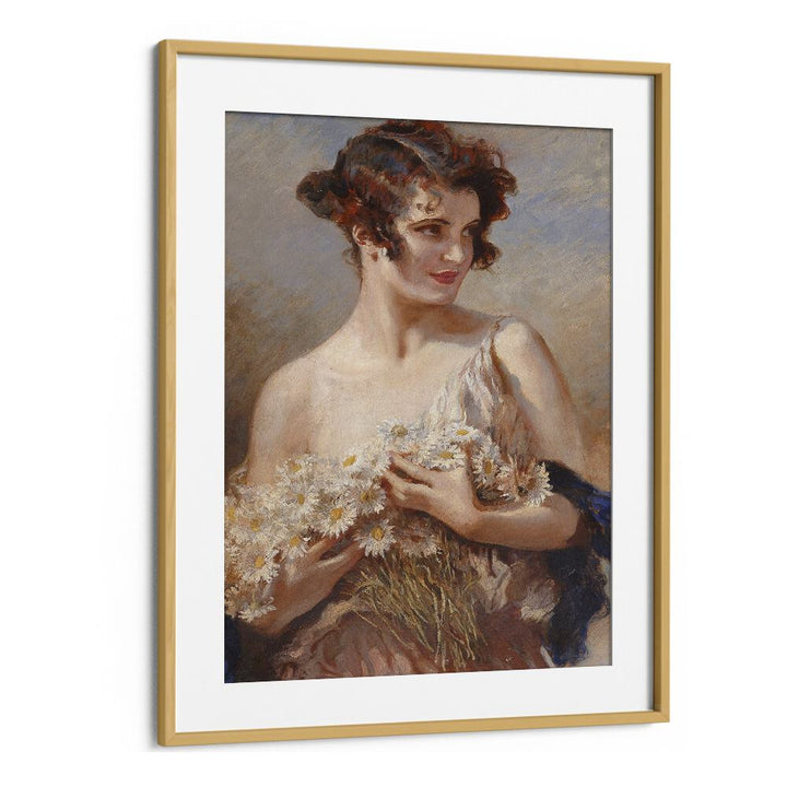 Elegant vintage painting "Dame mit Margeritenstrau," part of ELEGANCE IN BLOOM, VINTAGE PAINTINGS collection.
