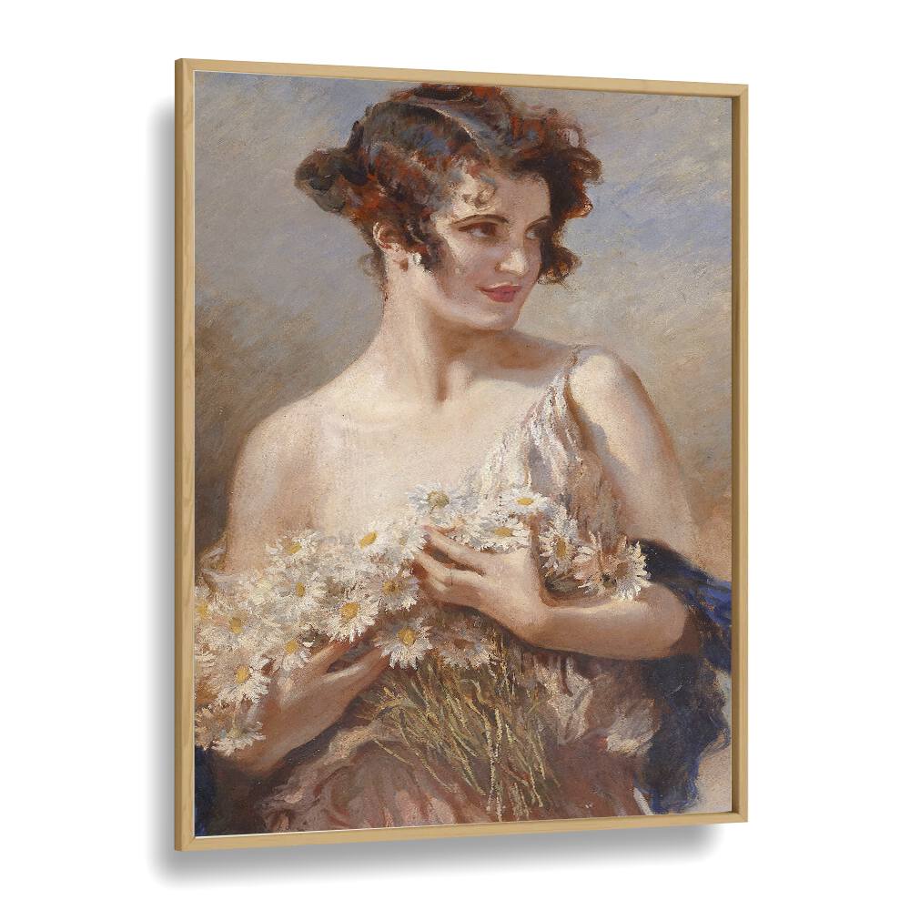 Delicate beauty shines in "Dame mit Margeritenstrau," part of ELEGANCE IN BLOOM, VINTAGE PAINTINGS collection.