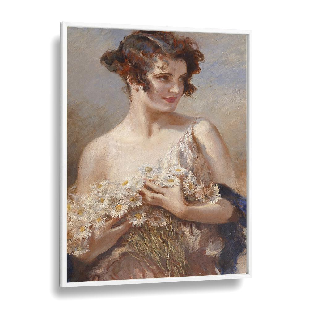 Stunning vintage painting, "Dame mit Margeritenstrau," embodies ELEGANCE IN BLOOM, VINTAGE PAINTINGS collection.