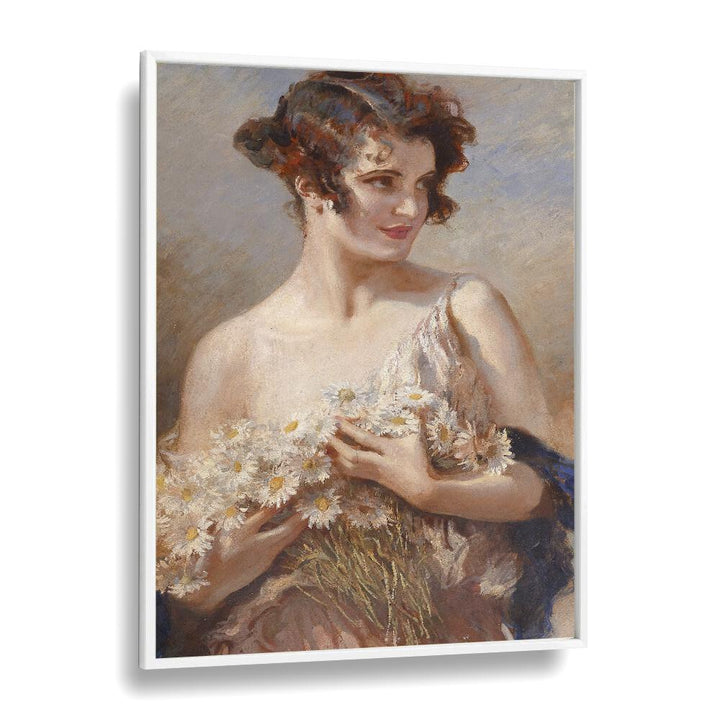 Stunning vintage painting, "Dame mit Margeritenstrau," embodies ELEGANCE IN BLOOM, VINTAGE PAINTINGS collection.