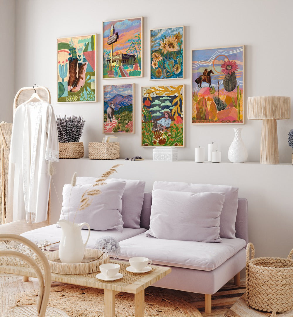 Stylish Bohemian Western Escape Gallery Wall enhances modern décor with vibrant, nature-inspired art prints.