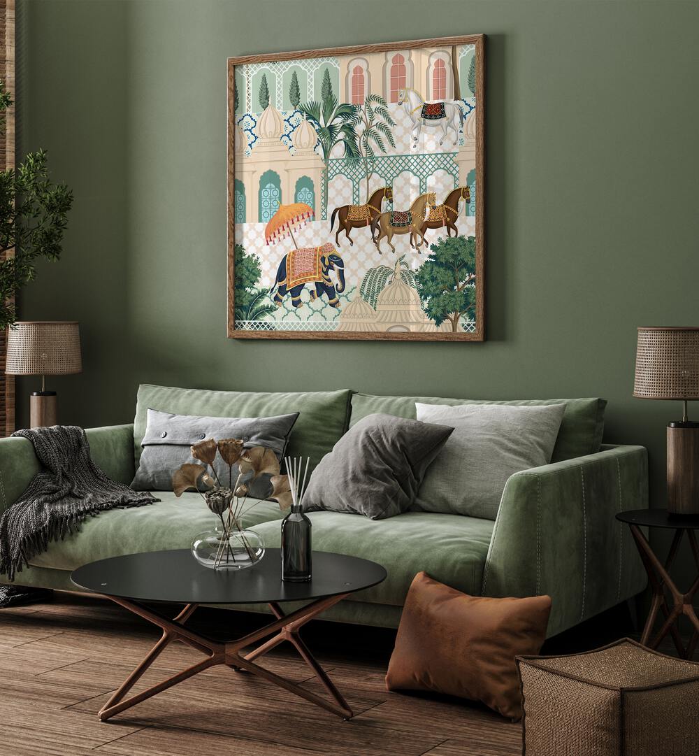 ELEPHANT AND HORSE PARADE, INDIAN ART PAINTINGS showcases vibrant Indian royalty in a stunning cultural piece.