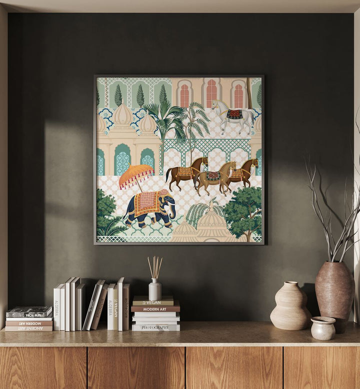 Stunning ELEPHANT AND HORSE PARADE, INDIAN ART PAINTINGS showcasing India's royal heritage in vibrant colors.