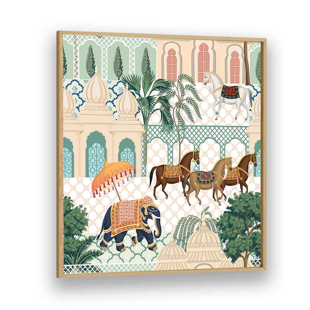 Vibrant ELEPHANT AND HORSE PARADE, INDIAN ART PAINTINGS showcasing rich Indian heritage in elegant detail.