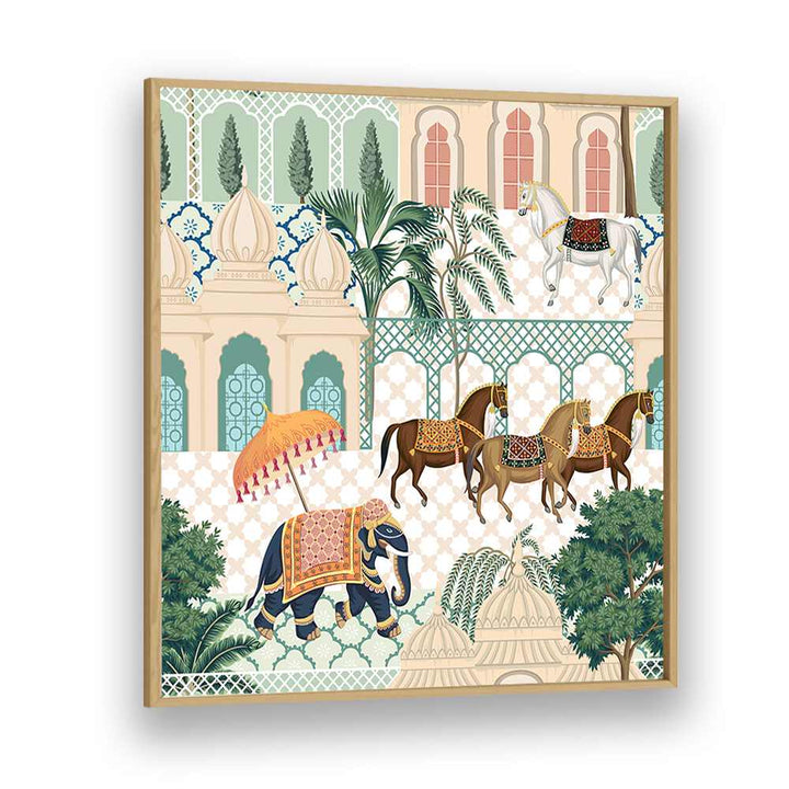 Vibrant ELEPHANT AND HORSE PARADE, INDIAN ART PAINTINGS showcasing rich Indian heritage in elegant detail.