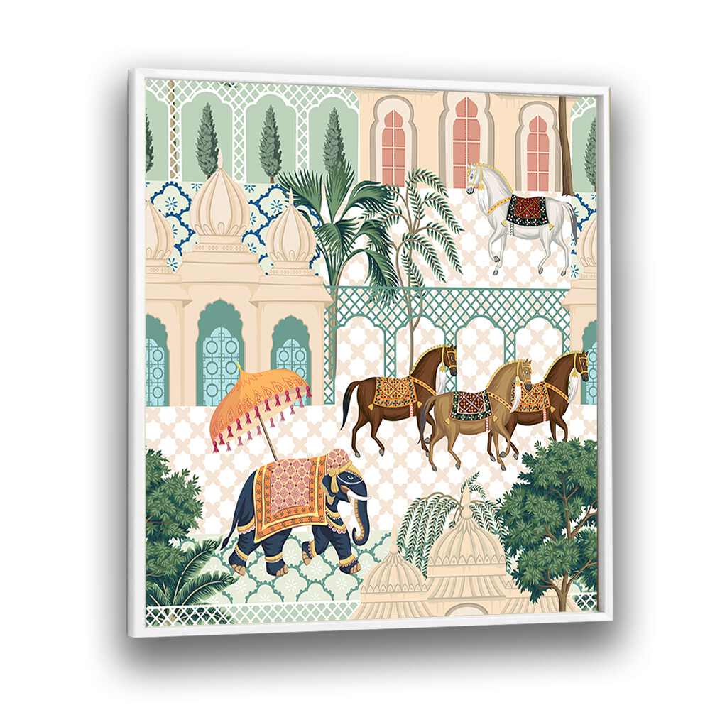 Colorful ELEPHANT AND HORSE PARADE, INDIAN ART PAINTINGS showcasing India's royal heritage in vibrant detail.