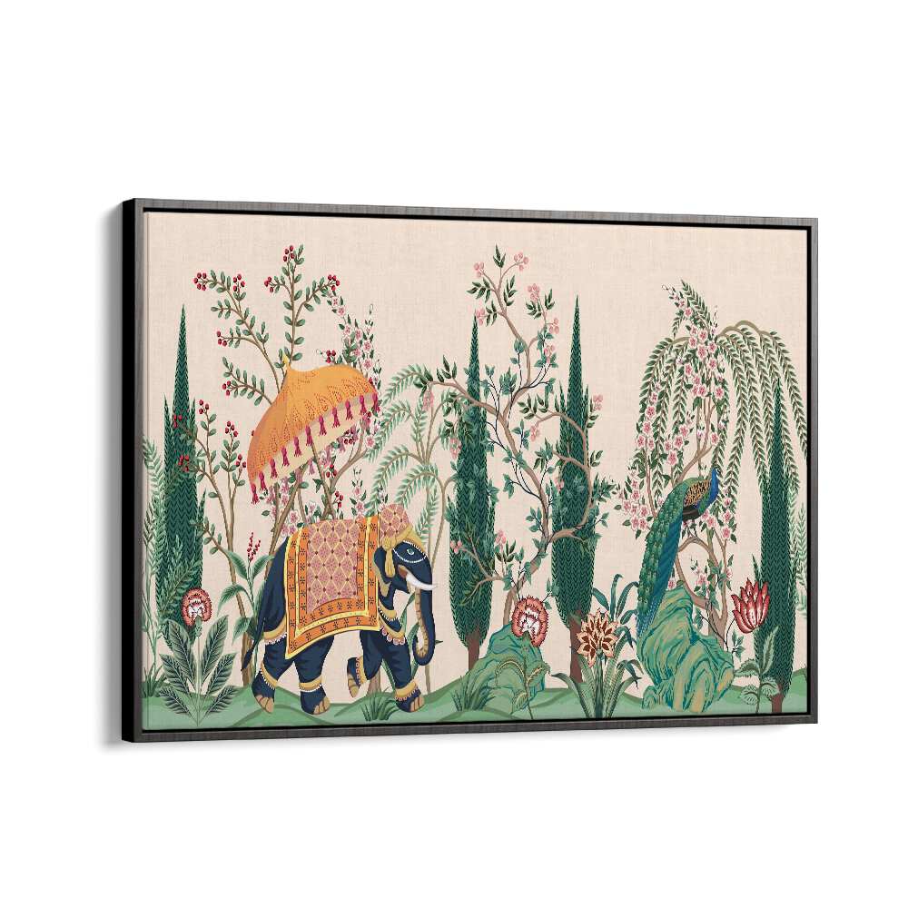 Vibrant ELEPHANT AND PEACOCK IN INDIAN GARDENS I, INDIAN ART PAINTINGS showcasing elegance in lush greenery.