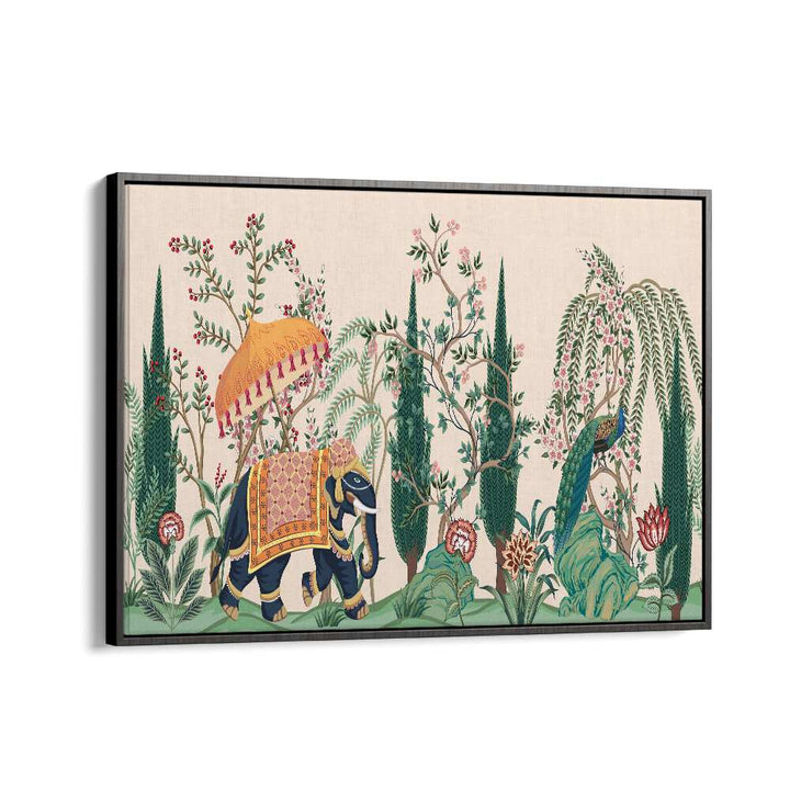 Vibrant ELEPHANT AND PEACOCK IN INDIAN GARDENS I, INDIAN ART PAINTINGS showcasing elegance in lush greenery.