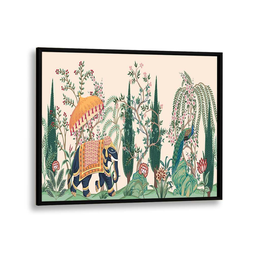 ELEPHANT AND PEACOCK IN INDIAN GARDENS I, INDIAN ART PAINTINGS showcases vibrant artistry in a lush garden setting.