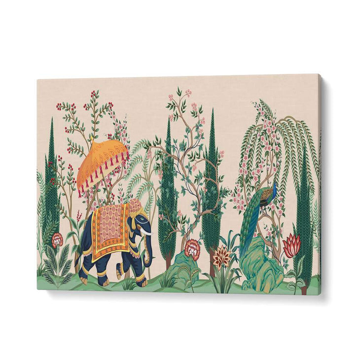 Beautiful ELEPHANT AND PEACOCK IN INDIAN GARDENS I, INDIAN ART PAINTINGS showcasing vibrant flora in Mayur Bagh.