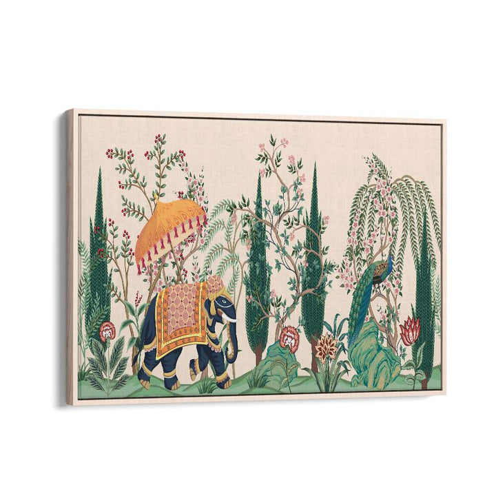 Vibrant ELEPHANT AND PEACOCK IN INDIAN GARDENS I, INDIAN ART PAINTINGS, showcasing majestic beauty in lush greenery.